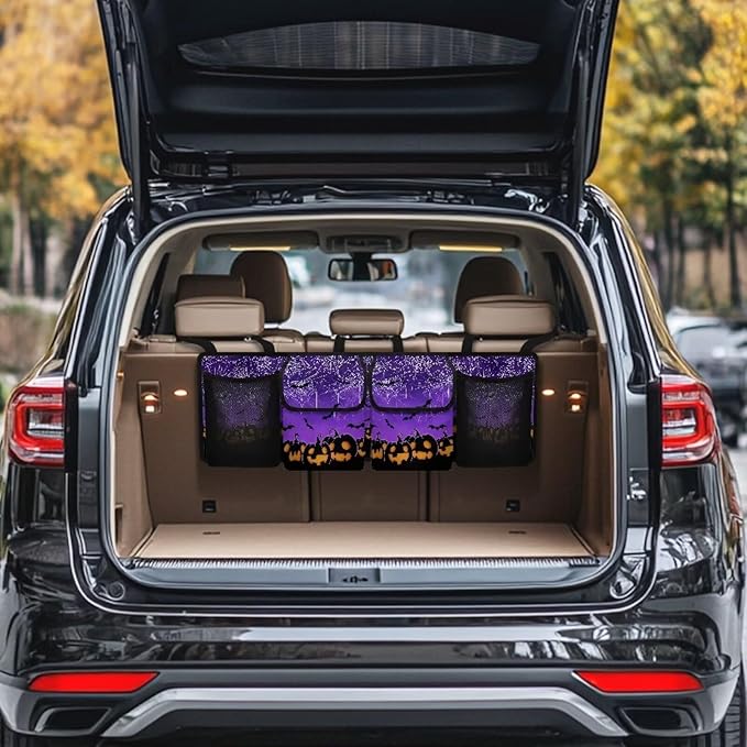 Hanging Organizer for Car Trunk Halloween Prints Collapsible Auto Back Seat Storage Bag with 2 Pockets 2 Mesh Pouches Detachable Automotive Interior Accessories