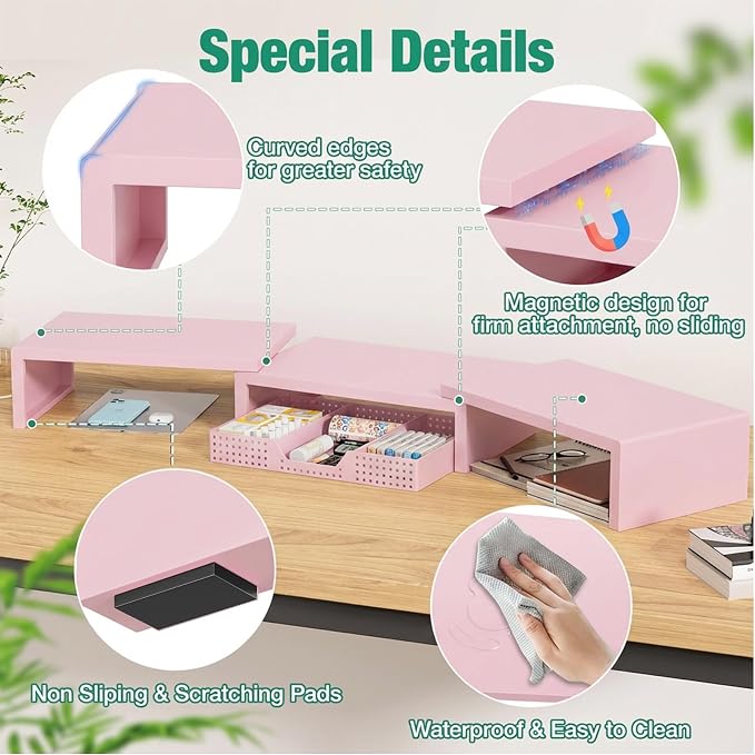 OPNICE Desk Organizers and Accessories, Dual Computer Monitor Stand Riser with Drawer, Office Decor for Women, Office Desk Accessories & Workspace Organizers for Home Office Supplies, Pink