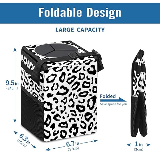 Car Trash Can Leopard Wate-rproof Auto Garbage Bag Car Trash Can with Lid Leak-Proof Car Storage Bag Hanging for Headrest Collapsible and Portable with Storage Mesh Pocket