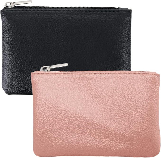 2 Pack Leather Zipper Coin Purse, Portable PU Leather Coin Purse,Mini Coin Pocket Pouch Change Holder, Coin Pouch with Zipper for Men Women Headset Credit Card ID Key Lipstick (Black&Pink)