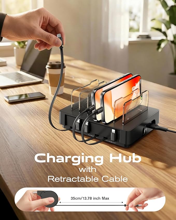 SooPii HomeHub H1 Charging Station for multiple devices,Upgraded 6-Port Desktop Fast Charger with 6 Retractable Cablesï¼?*C+2*iPï¼?60W PD charger station for iPhone/Tablet,Tangle-Free Charging Organizer
