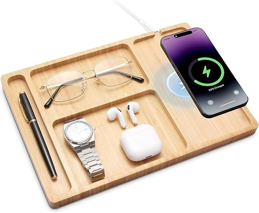 Valet Tray, Built-in Wireless Charger, Nightstand Organizer, Bamboo Desk Bedside Caddy Organizer Tray for Men, EDC Catchall Trays for Keys, Watch, Phone, Jewelry