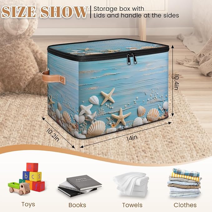 Sea Star Shell Storage Basket for Bedroom Kitchen Bathroom Storage Bins with Lids Collapsible Toy Cube Storage Organizer for Kid Teen Women Men