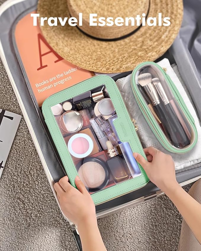 Soimeat Travel Clear Makeup Bag with Makeup Brush Bag, Leather Makeup Case Toiletry Bag, Portable Cosmetic Bag Case, Transparent Waterproof Cosmetic Organizer Storage Bag for Women, Mint Green