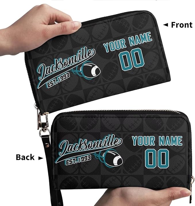 Custom Sports Team Zip Organizer Wallet-Personalized PU Leather Wallet with Name Number,Multi-Card Slots,Wrist Strap,Fan Gift for Men Women.