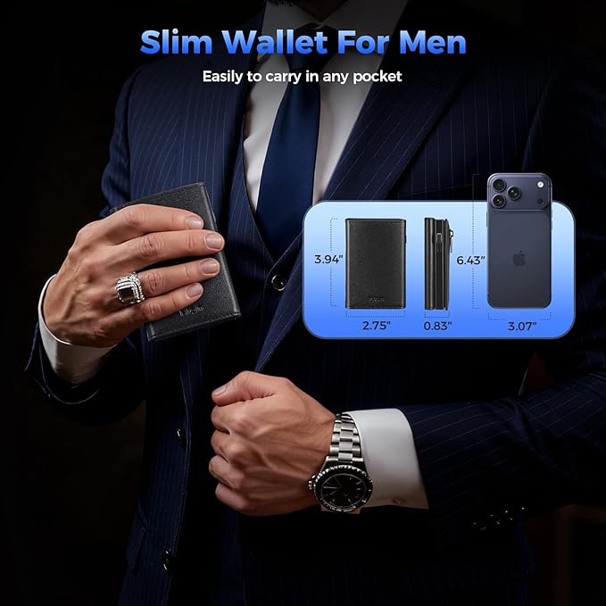 Mens Slim Minimalist Wallet Card Holder with Coin Pocket, Cash Slot, Magnetic Closure, Pop Up Aluminum Case, ID Window, Leather Wallet, RFID Blocking, 9-13 Card Capacity (Black)