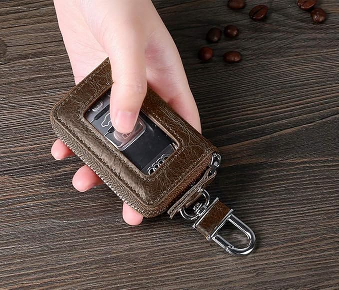 BAKUN Premium Mini Leather Car Key Case, Car Smart Key Chain Holder Wallet Zipper Bag for Remote Key Fob