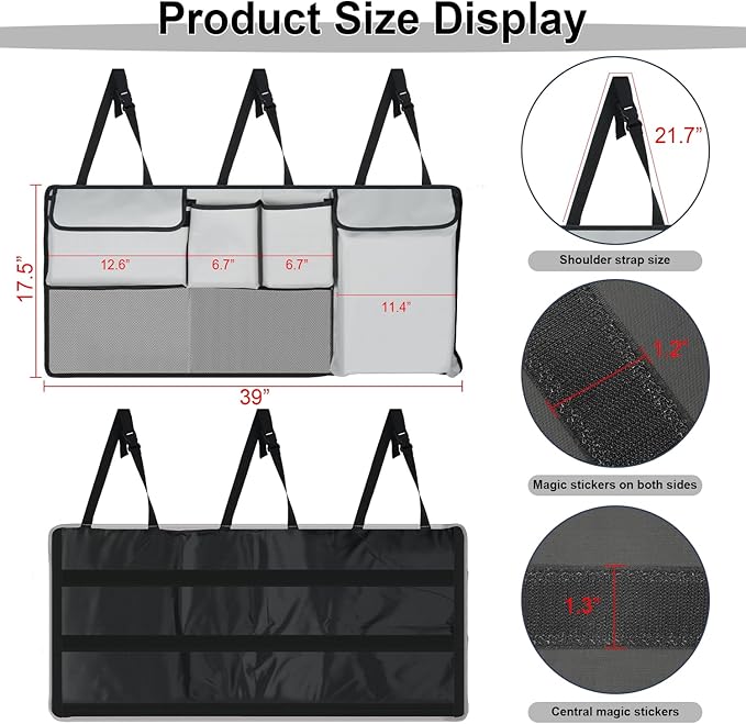 UYYE Trunk Hanging Organizer, Backseat Storage Bag, Collapsible Car Interior Accessories with 4 Pockets & 2 Mesh Pouches for Tools, Provide More Storage Trunk Space for SUV, Jeep, MPVs (Light Grey)