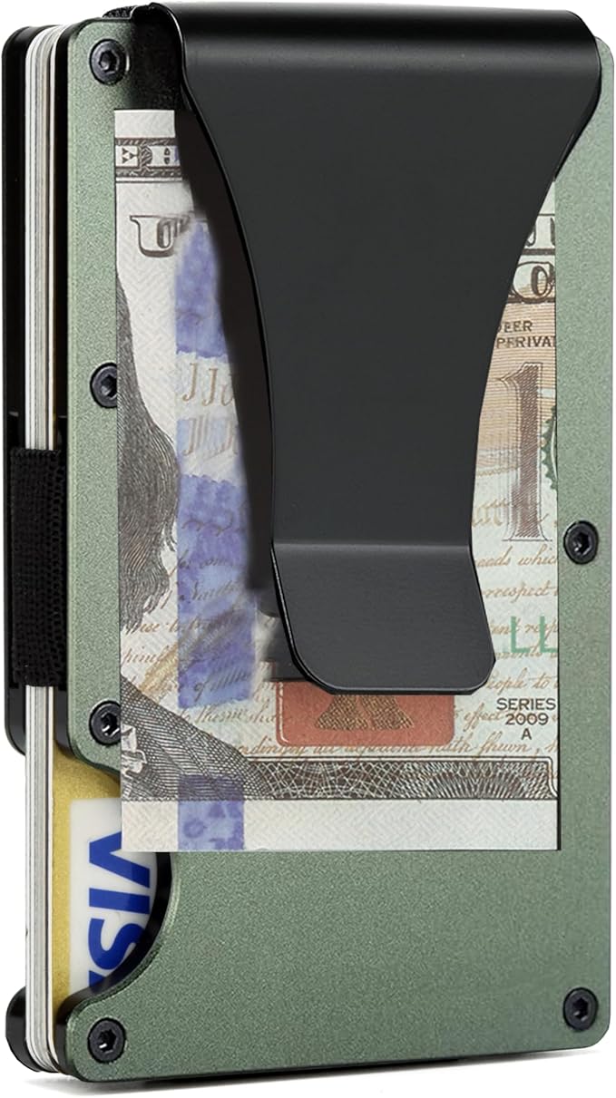 Slim Wallet for Men,RFID Blocking Minimalist Metal Wallet, Money Clip/Cash Holder, Front Pocket Aluminum Credit Card Holder, Ideal Gift for Men,Matte Green