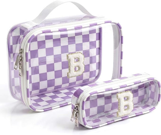 LETGO Initial Make Up Bag Travel Toiletry Bag Set,Makeup Bag Preppy Stuff Purse Organizer Travel Essentials Gifts for Women Teen Girlfriend Teacher Mom Graduation Gifts(B,Purple&Beige)