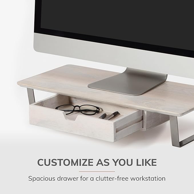 Anji Mountain Monitor Stand - Desktop Organizer & Laptop Riser, Ergonomic Monitor Riser, Space-Saving Monitor Stand for Desk, Durable Construction, Easy Assembly, Ideal for Home & Office,White Wash