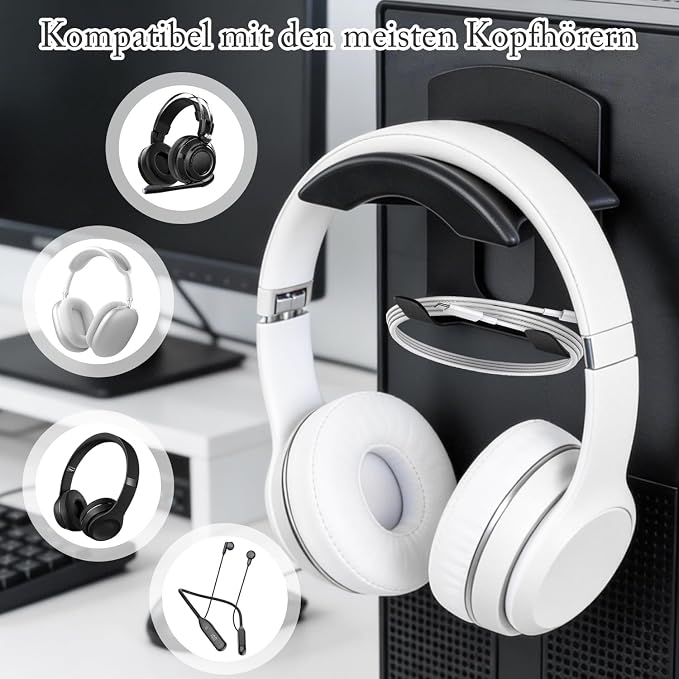 Headphone Stand Metal, Desk Headphone Hook Adhesive with Cable Clip,Aluminum Alloy Headset Stand for Desk,PC Gaming Headset Holder,Earphone Clamp for Airpods Max,HyperX,Sennheiser,Black