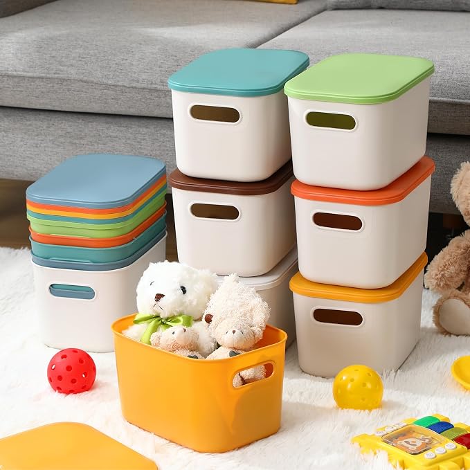Thyle 12 Pack White Colorful Plastic Storage Bins with Lids 7 Quart Toy Storage Box Stackable Nestable Organizer Boxes with Handle and Labels for Classroom Shelf Bedroom Desktop Toys School Supplies