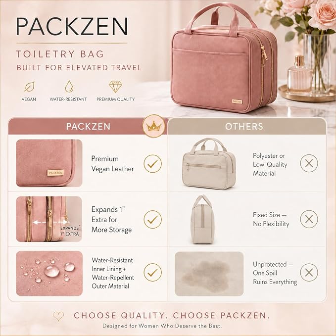 Pink Hanging Travel Toiletry Bag for Women, Large Makeup Bag and Cosmetic Organizer, Soft-touch Vegan Leather, TSA Approved Clear Pouch, Gifts for Women