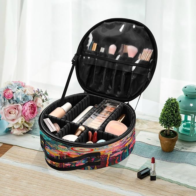 senya Round Cosmetic Pouch Travel Makeup Train Case Flower Drawing Makeup Organizer Bag with Adjustable Dividers Portable for Cosmetics Makeup Brushes Toiletry Jewelry Accessories