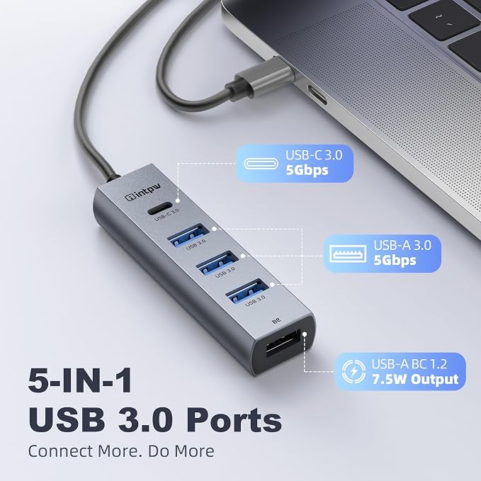 5-Port USB C Hub, intpw USB C to USB Adapter with 1 USB-C/3 USB-A 3.0 Data Ports, 5Gbps Aluminum Multiport USB-C Hub Adapter for Laptop, MacBook, iPad, PC(0.82FT)