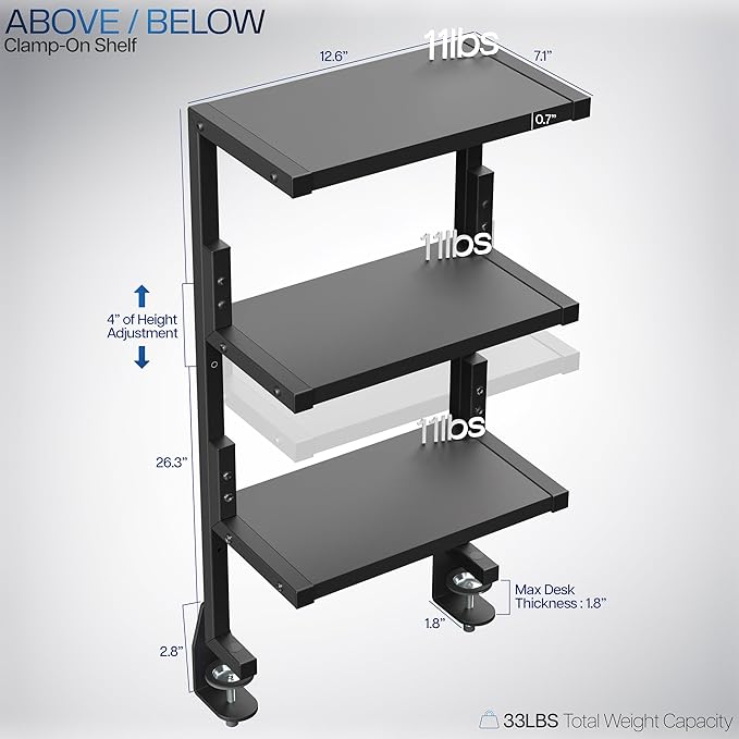VIVO Clamp-on 13 inch Above or Below Desk 3-Tier Shelving Unit for Table Accessories, Gaming Devices, and More, Storage Tray, Desktop Organizer, Black, STAND-SHELF3C