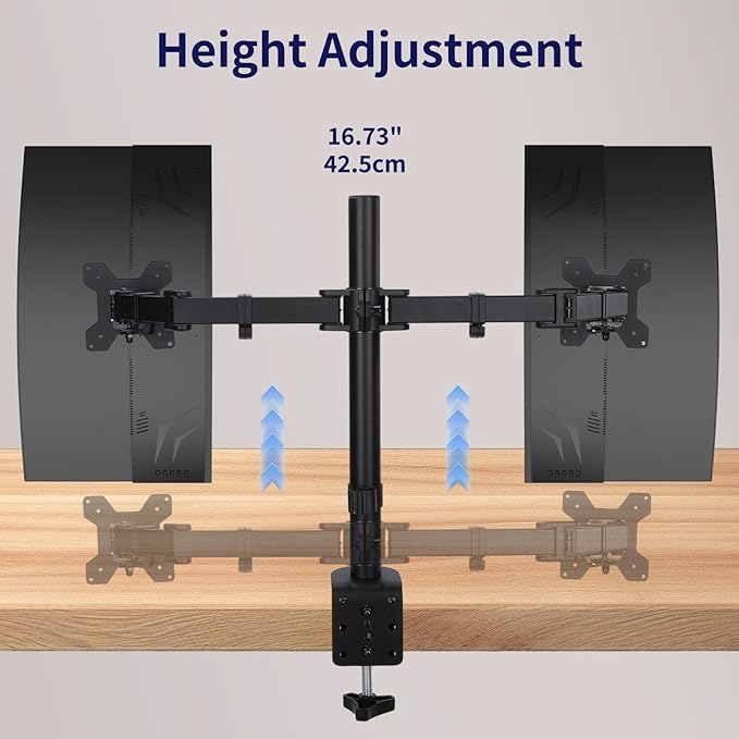 Dual Monitor Mount, Fully Adjustable Dual Monitor Stand for 13"-27" Screens, Holds Up to 22lbs Per Arm with C-Clamp & Grommet Base