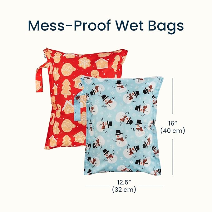Tiny Twinkle Mess Proof Wet Bags | 2-Pack Reusable Waterproof Wet Bags for Swimsuits | Baby Clothes | Travel & Diaper Bag (Christmas Set)