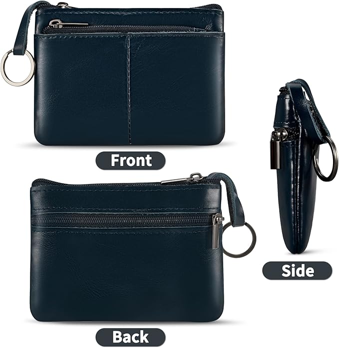 Dark Blue Genuine Leather Multi-Functional Wallet - Compact Card Holder, Coin Purse & Key Organizer with 3 Zippers, Built-in Key Ring, Perfect for Travel, Work & Daily Use