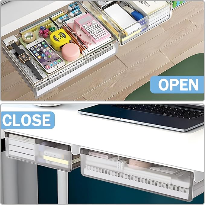 SVNNELP Large Under Desk Table Drawer Storage Organizer A4,Desk Accessories & Workspace Organizers,Hidden Self-Adhesive Under Table Pencil Tray Drawer for Office(Clear White)