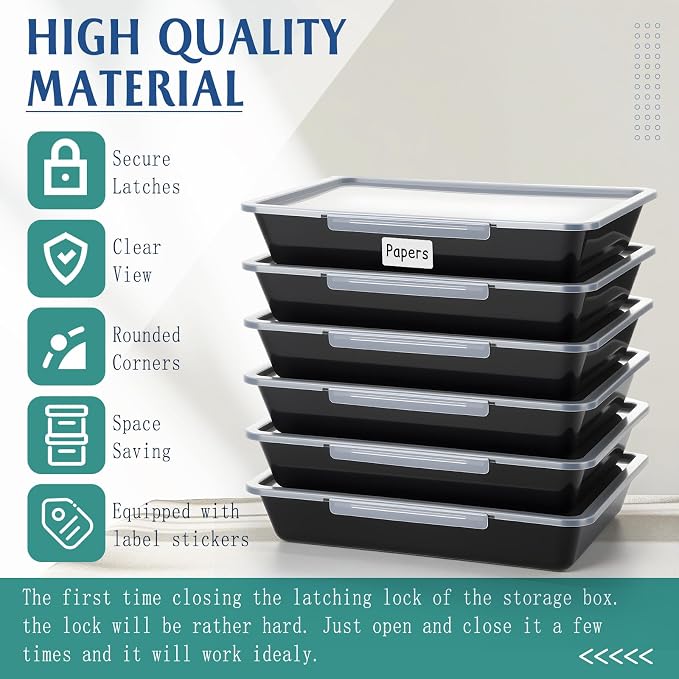 Tinlade 12 Pcs Classroom Paper Storage Bins with Clear Latching Lids Labels, Letter Size Stackable Flat Trays Container Paper Organizer for Teacher Back to School Office Arts Crafts (Black,13x10in)