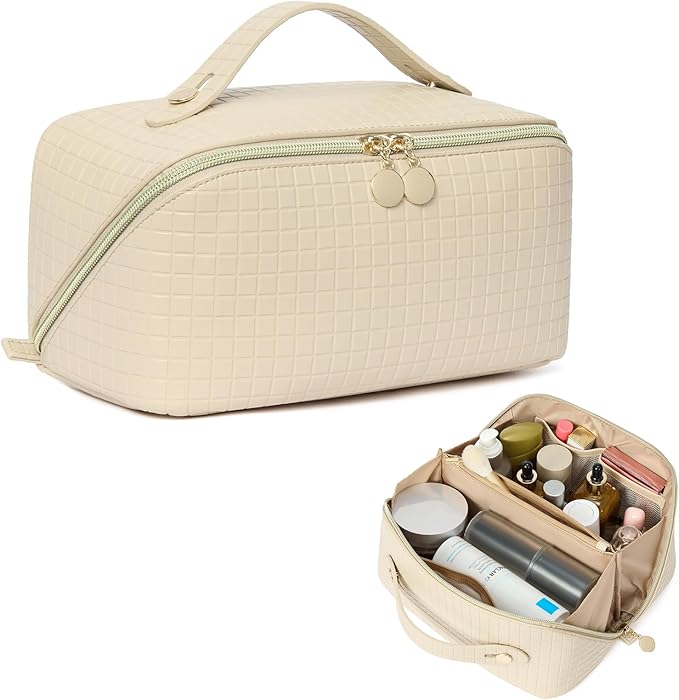 Telena Leather Make Up Bag Portable Travel Makeup Bag Waterproof Cosmetic Bags for Women Large Capacity With Handle and Divider Open Lay Flat