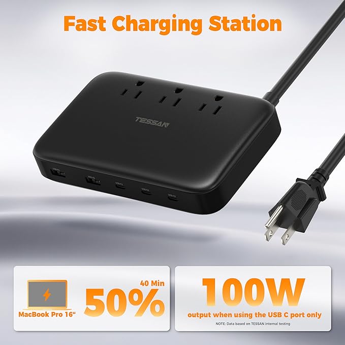 PD 130W Charging Station for Multiple Devices, TESSAN 8-in-1 USB C Charger Block Compatible with iPhone 17/16/15, MacBook, Tablet, Charging Dock with 3 USB-C, 2 USB-A & 3 AC, Home Office Accessories
