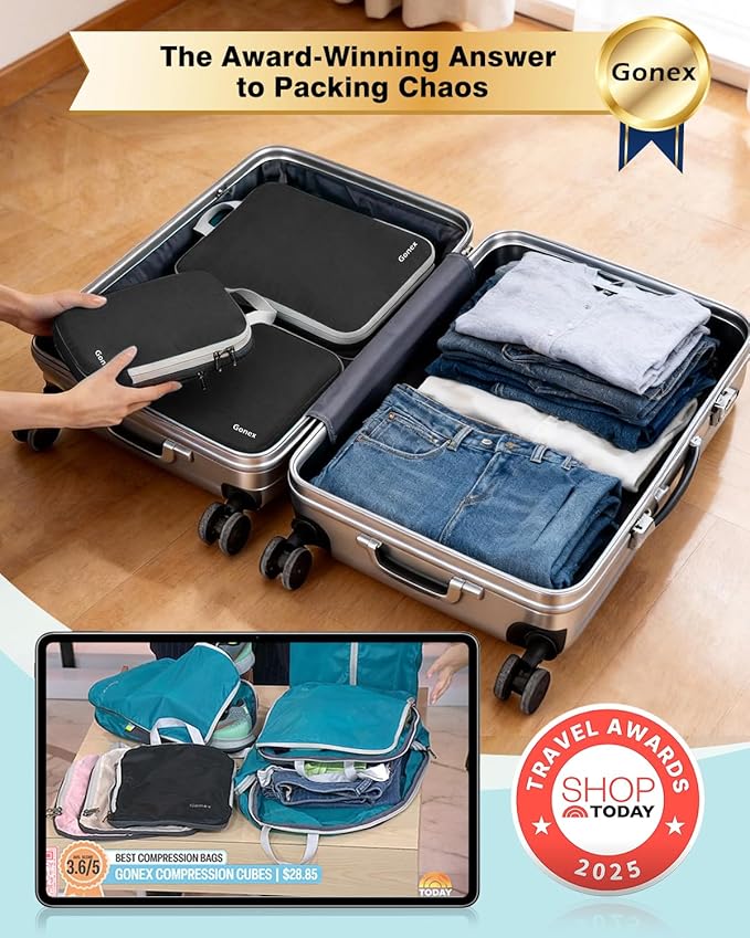 Gonex Compression Packing Cubes, 4pcs Expandable Storage Travel Luggage Bags Organizers(Black)