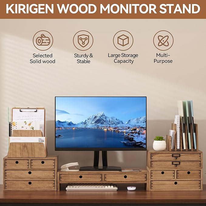 KIRIGEN Wood Monitor Stand with 2 Drawers, Solid Wood Computer Monitor Riser for Desk, Desktop Organizer Shelf with Cable Management, Pen Slots, Brown, No Assembly PMJ-DBR