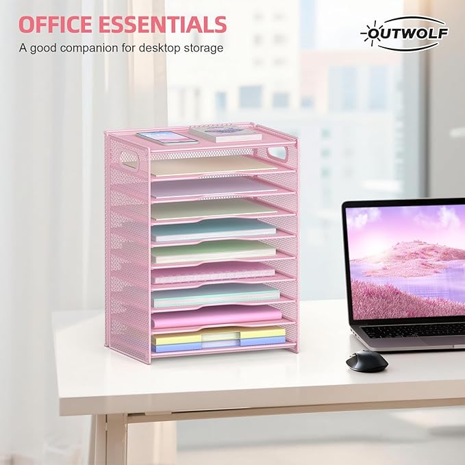 OUTWOLF 10 Tier Paper Organizer - Letter Tray Mesh Desk File Organizer with Handles for Office School Desktop, Pink