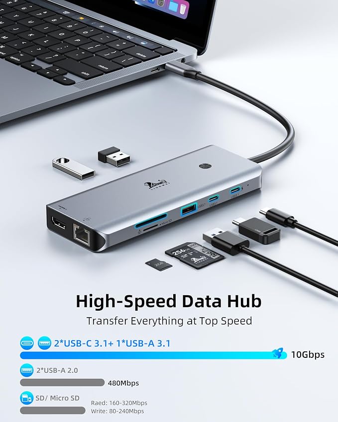 LIONWEI 12-in-1 USB C Docking Station Multiport Adapter, Triple Monitor 3 HDMI 4K@60Hz, 1000Mbps Ethernet, 10Gbps USB 3.1, PD 100W, SD/TF, Screen On/Off Button for Laptop/Windows/macOS
