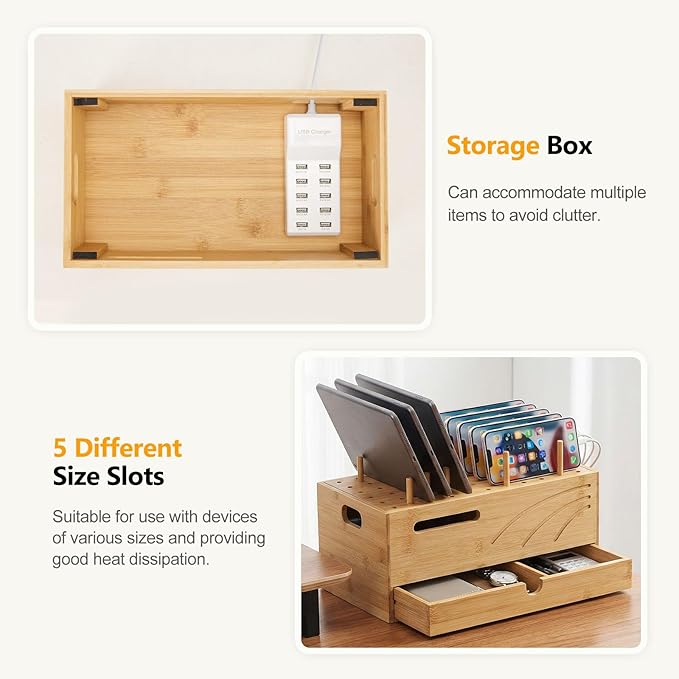 Homde Bamboo Charging Station Organizer: 2 Layer Charger Holder with Drawer for Office Home - Electronic Docking Stand for Multiple Devices, Tablets, Phones