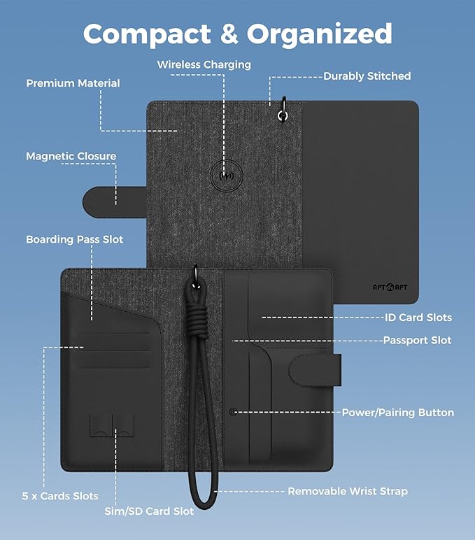 Smart Passport Holder Works with Apple Find My, Leather Travel Wallet with Wrist Strap & 2 SIM Card Slots, RFID Blocking Organizer for Passport/Cards/Tickets, Wireless Charging, Black