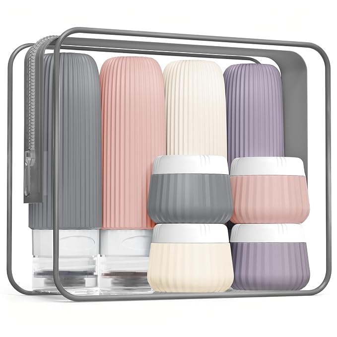 Mrsdry Travel Bottles for Toiletries 8 Pack, Tsa Approved Travel Size Toiletries 3 oz, Travel Containers for Toiletries, with Clear Bag, Leak Proof Silicone Squeezable Travel Essentials Creams Jars
