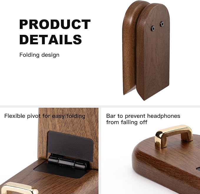 Wood Headphone Stand Wall Mount Holder, Sticky Headset Hook, Under Desk Headphone Hanger,Foldable Desk Headphone Hanger Earphone Clamp for Audio,Studio & Gaming Headphones, moderate