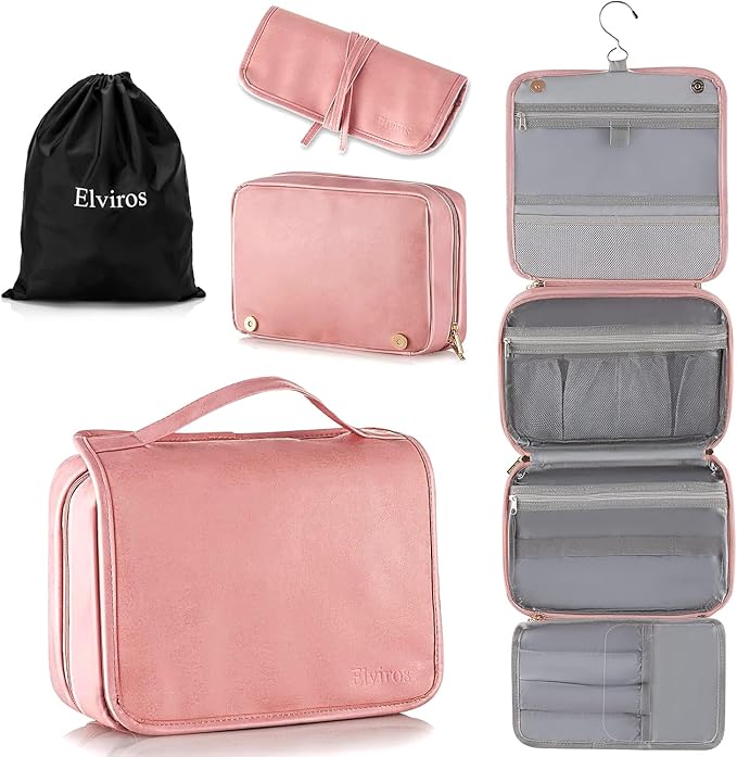 Elviros Hanging Travel Toiletry Bag for Women, 3-in-1 Large Makeup Bag and Cosmetic Organizer, Vegan Leather Waterproof Skincare Case for Travel Size Toiletries and Accessories, Gift for Women