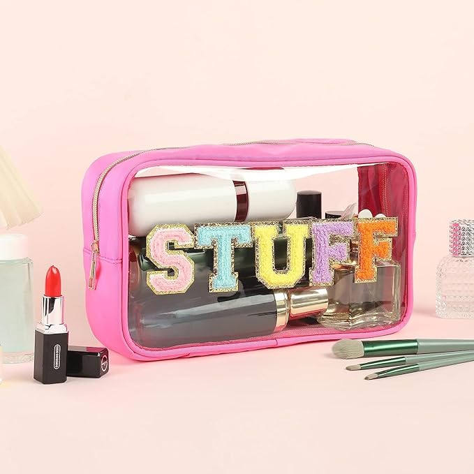 Large Clear Chenille Letters Makeup Bag for Travel,Beach, Clear Glitter Preppy Patch Stuff Cosmetic Bag,Clear Toiletry Stuff Pouch for Women for Valentines Day Gifts (10.62*6.29*3.54 inch,Apricot)