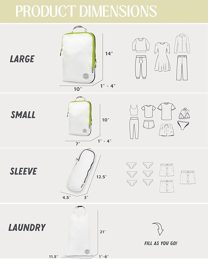 Compression Packing Cubes for Travel, 6-Piece Lightweight Packing Cubes Set for Carry-On Luggage & Backpacks – TRIPPED Travel Gear (White and Green)