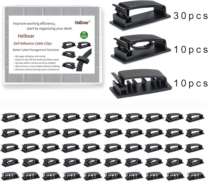 Cable Clips 50PCS, Self Adhesive Cable Management Clips, Cord Organizer Wire Clips Cord Holder for Appliances PC Wall Ethernet Cable Under Desk Nightstand Home Office Car