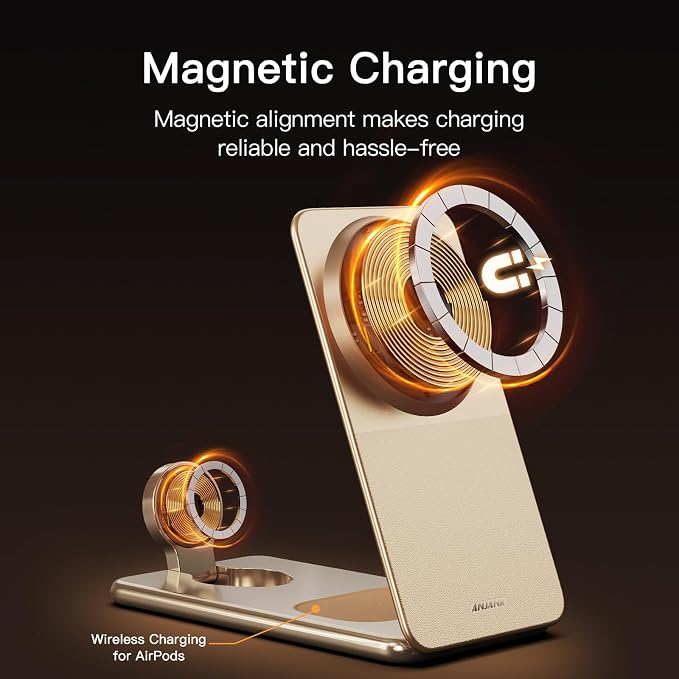 ANJANK 25W 3 in 1 Wireless Charging Station, Qi2.2 Magnetic Foldable Travel Fast Charger, Aluminum Alloy Cooling Charging Stand for iPhone17/16/15 Pro Max, Apple Watch, AirPods(45W Adapter),Ultrathin