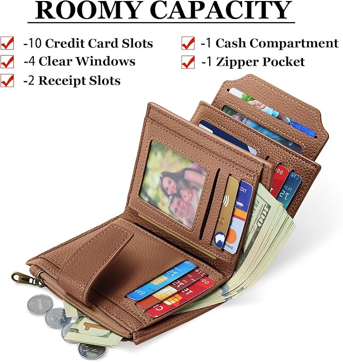 Airkit Small Wallet Women RFID Blocking Soft Leather Bifold Compact Card Holder Wallet for Women with Zipper Coin Pocket 4 ID Window