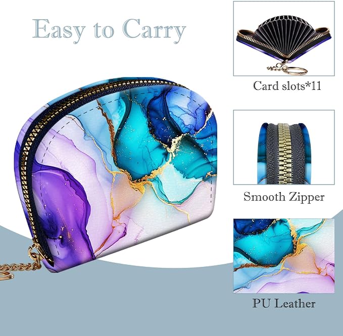 Women's Slim RFID Wallet – Compact Leather Card Holder Wallet for Women, 9 Card Slots RFID Blocking Credit Card Organizer, Small Travel Wallet - Colorful Marble