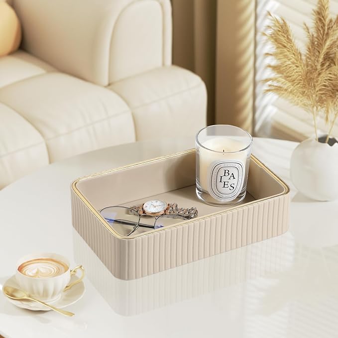 Desk Organizer Tray, PU Leather Nightstand Organizer Perfume Valet Tray for Men Women, Decorative Vanity Trays Trinket Dish Key Bowl for Entryway Table (Beige, Small)