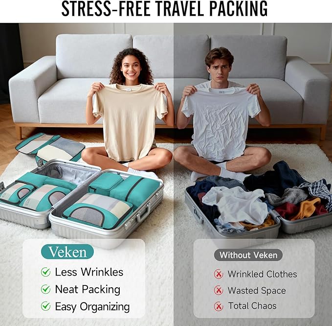 Veken 8 Set Packing Cubes for Travel Essentials, Suitcase Organizer Bags in 4 Sizes, Carry-On Luggage Accessories with Large Laundry & Hanging Toiletry Bag, Must-Have for Airplane, Road Trip & Camping