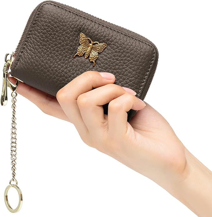 imeetu RFID Credit Card Holder for Women Genuine Leather Card Case Wallet with Zipper and Removable Keychain (Taupe Grey)