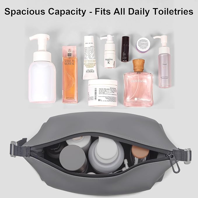 Vomgomfom 6L 13 Inch Silicone Toiletry Bag, Waterproof Leakproof Travel Cosmetic Organizer, Adjustable G-Buckle Compression Dopp Kit, Foldable Makeup Bag for Women & Men (Grey, 13" 6L)
