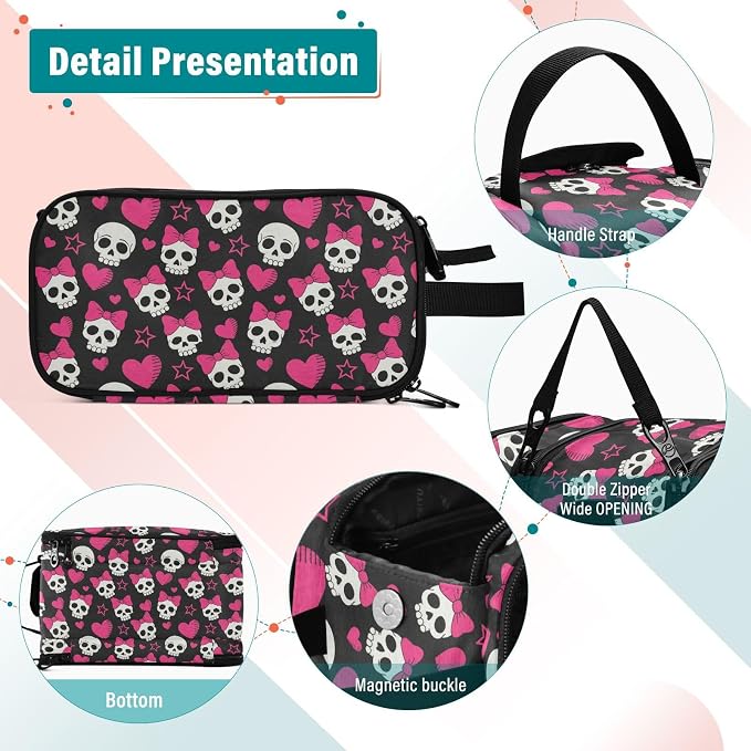 MNSRUU Travel Makeup Bag,Cute Skulls Makeup Bag Large Capacity Portable Travel Toiletries Bag for Travel Size Cosmetic Bag Organizer, Women Toiletry Makeup Bag Organizer