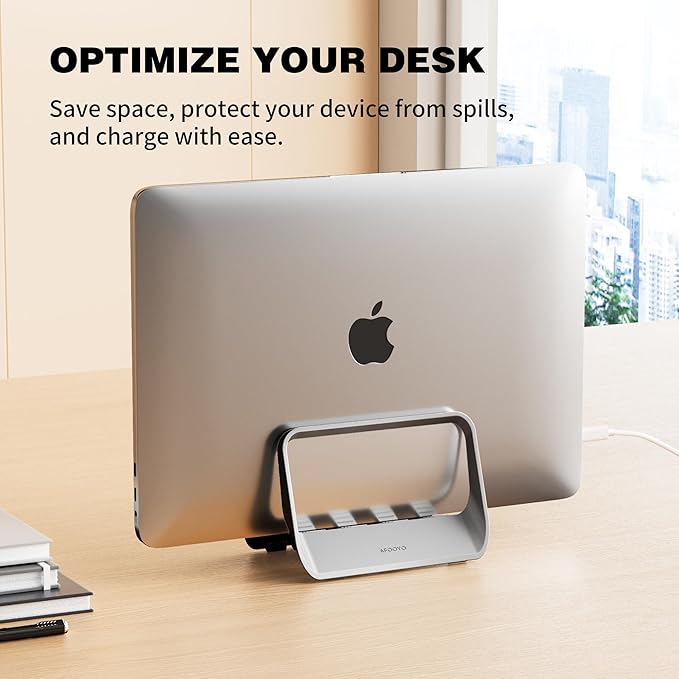 Vertical Laptop Stand with Gravity Locking – ABS Adjustable Laptop Holder Desktop Stand Compatible with MacBook, Surface, iPad, mini PC and More (Gray)