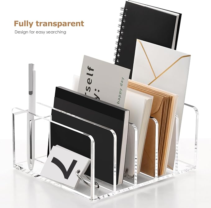 SANRUI Acrylic Mail Sorter Desktop Organizer with Pen Holder, 5 Compartments Clear Small File Script Letter Document Storage for Desk Bill Filling Envelope Holder Office, Home, School Organization